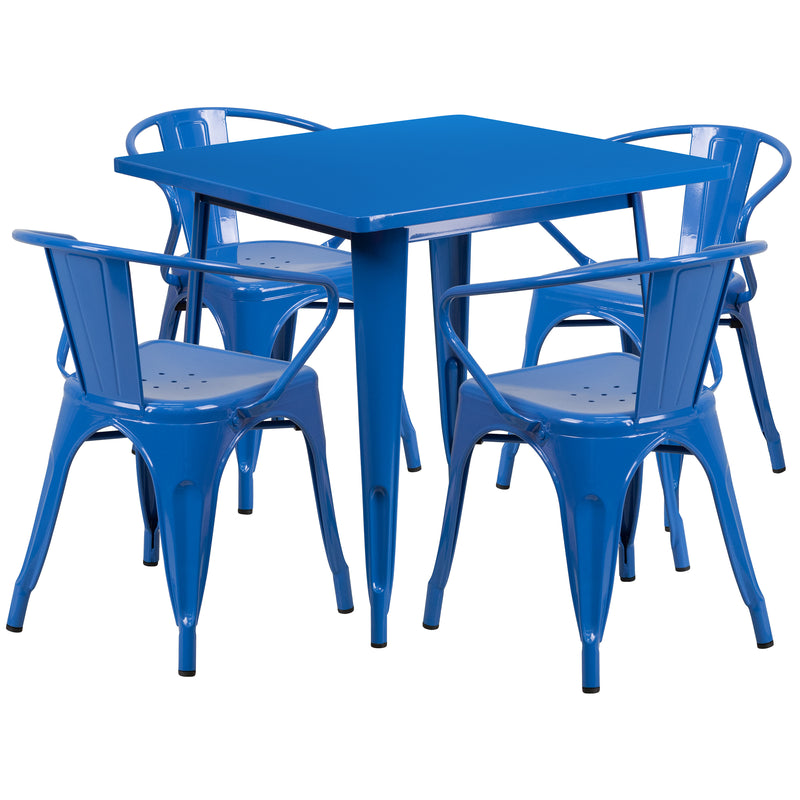 Commercial Grade 31.5" Square Blue Metal Indoor-Outdoor Table Set with 4 Arm Chairs