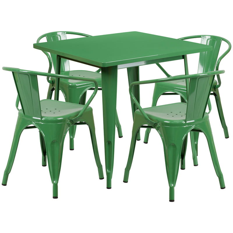 Commercial Grade 31.5" Square Green Metal Indoor-Outdoor Table Set with 4 Arm Chairs