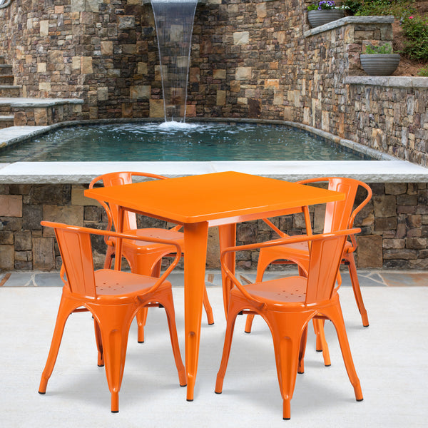 Commercial Grade 31.5" Square Orange Metal Indoor-Outdoor Table Set with 4 Arm Chairs