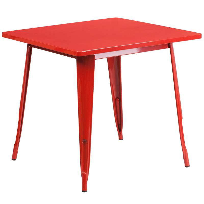 Commercial Grade 31.5" Square Red Metal Indoor-Outdoor Table Set with 4 Arm Chairs