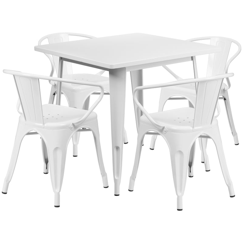 Commercial Grade 31.5" Square White Metal Indoor-Outdoor Table Set with 4 Arm Chairs