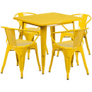Commercial Grade 31.5" Square Yellow Metal Indoor-Outdoor Table Set with 4 Arm Chairs