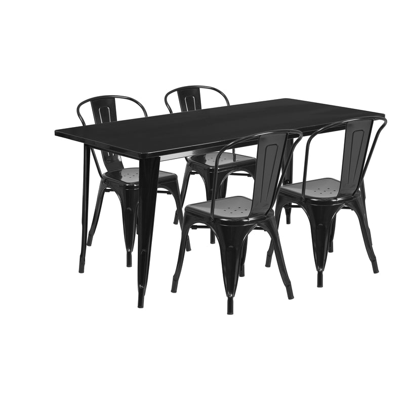 Commercial Grade 31.5" x 63" Rectangular Black Metal Indoor-Outdoor Table Set with 4 Stack Chairs