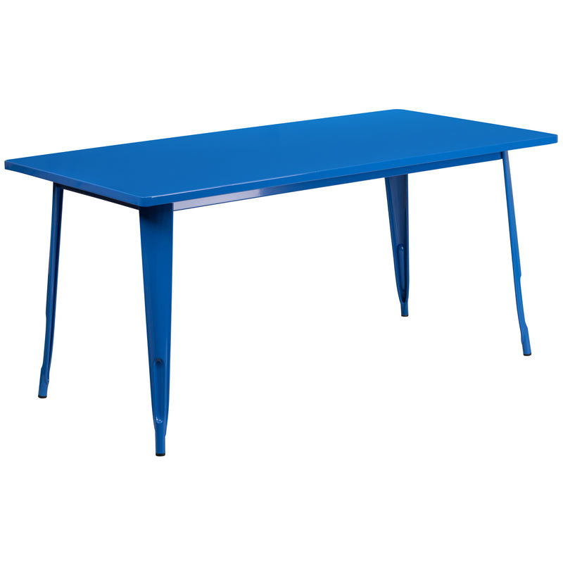 Commercial Grade 31.5" x 63" Rectangular Blue Metal Indoor-Outdoor Table Set with 4 Stack Chairs