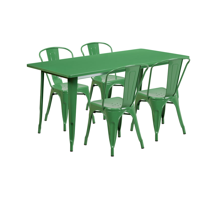 Commercial Grade 31.5" x 63" Rectangular Green Metal Indoor-Outdoor Table Set with 4 Stack Chairs