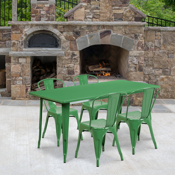 Commercial Grade 31.5" x 63" Rectangular Green Metal Indoor-Outdoor Table Set with 4 Stack Chairs