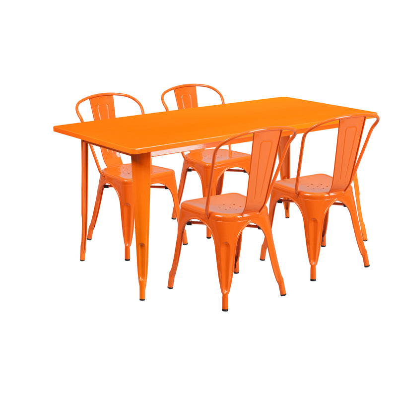 Commercial Grade 31.5" x 63" Rectangular Orange Metal Indoor-Outdoor Table Set with 4 Stack Chairs