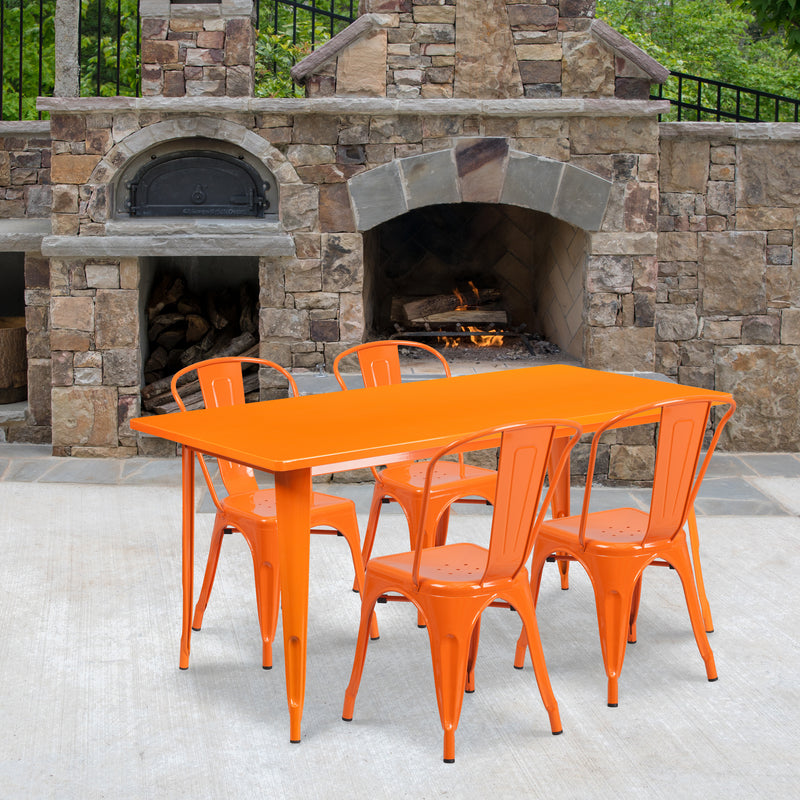 Commercial Grade 31.5" x 63" Rectangular Orange Metal Indoor-Outdoor Table Set with 4 Stack Chairs