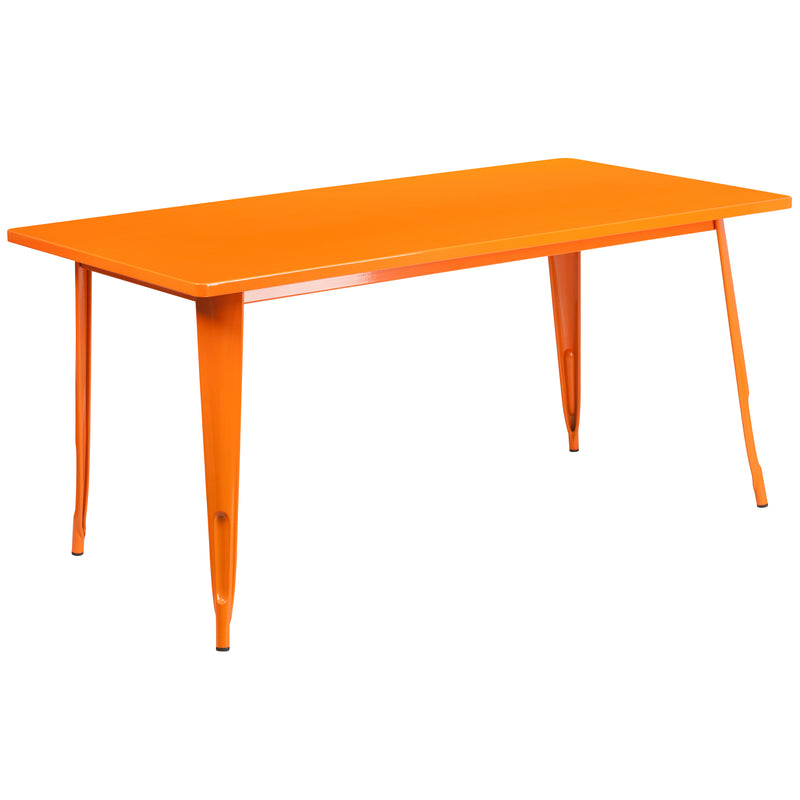 Commercial Grade 31.5" x 63" Rectangular Orange Metal Indoor-Outdoor Table Set with 4 Stack Chairs