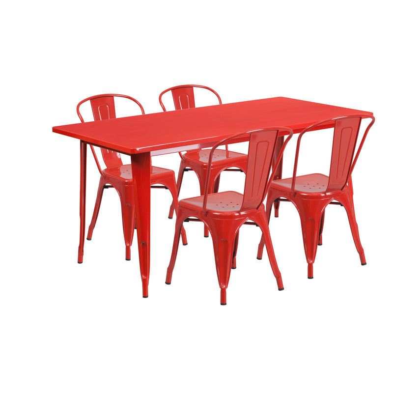 Commercial Grade 31.5" x 63" Rectangular Red Metal Indoor-Outdoor Table Set with 4 Stack Chairs