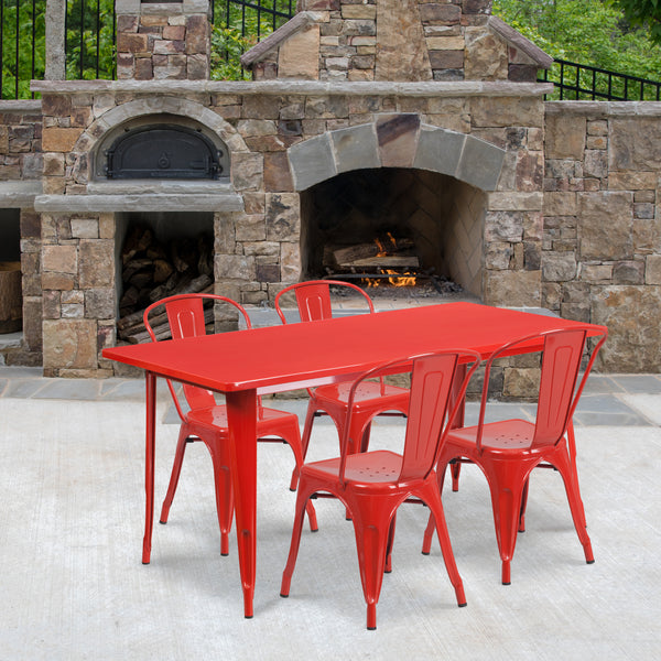 Commercial Grade 31.5" x 63" Rectangular Red Metal Indoor-Outdoor Table Set with 4 Stack Chairs