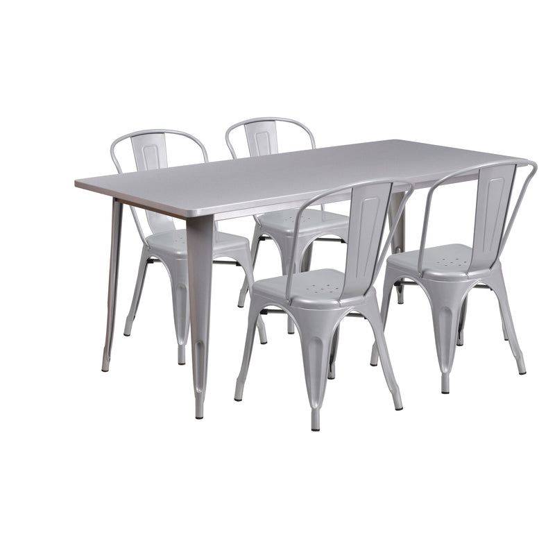 Commercial Grade 31.5" x 63" Rectangular Silver Metal Indoor-Outdoor Table Set with 4 Stack Chairs