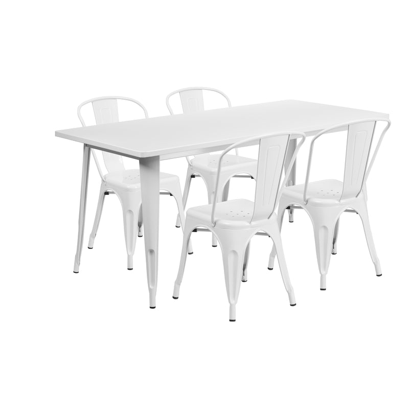 Commercial Grade 31.5" x 63" Rectangular White Metal Indoor-Outdoor Table Set with 4 Stack Chairs