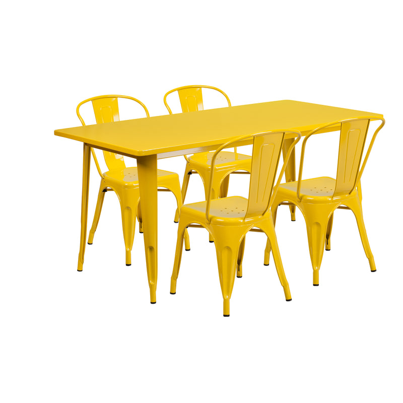 Commercial Grade 31.5" x 63" Rectangular Yellow Metal Indoor-Outdoor Table Set with 4 Stack Chairs