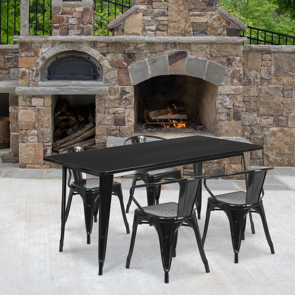 Commercial Grade 31.5" x 63" Rectangular Black Metal Indoor-Outdoor Table Set with 4 Arm Chairs