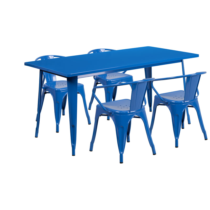 Commercial Grade 31.5" x 63" Rectangular Blue Metal Indoor-Outdoor Table Set with 4 Arm Chairs