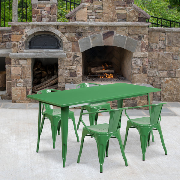 Commercial Grade 31.5" x 63" Rectangular Green Metal Indoor-Outdoor Table Set with 4 Arm Chairs