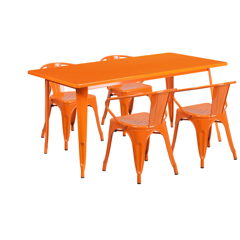 Commercial Grade 31.5" x 63" Rectangular Orange Metal Indoor-Outdoor Table Set with 4 Arm Chairs