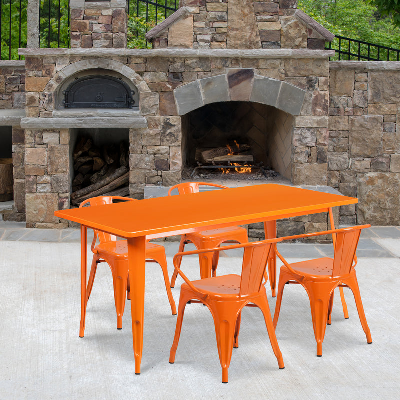 Commercial Grade 31.5" x 63" Rectangular Orange Metal Indoor-Outdoor Table Set with 4 Arm Chairs