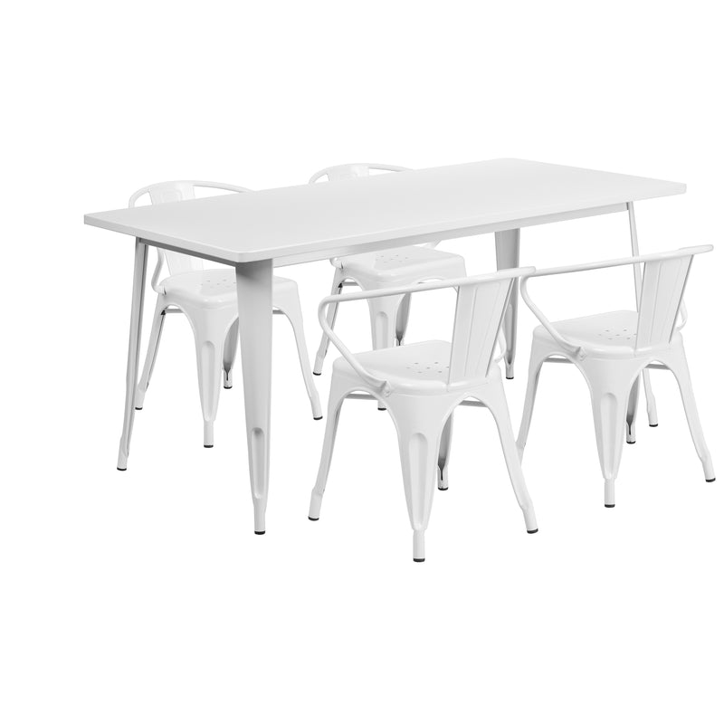 Commercial Grade 31.5" x 63" Rectangular White Metal Indoor-Outdoor Table Set with 4 Arm Chairs