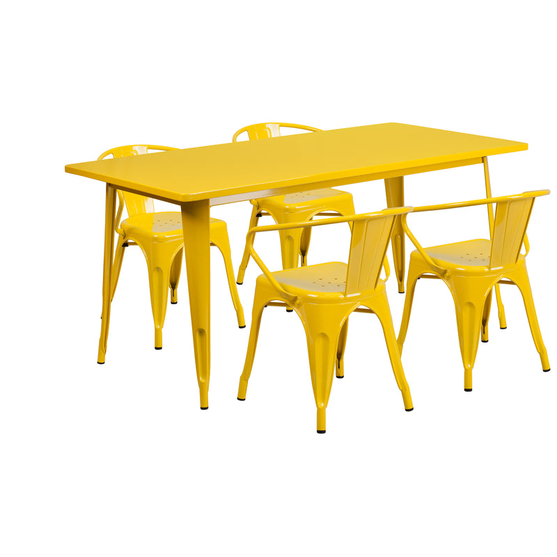 Commercial Grade 31.5" x 63" Rectangular Yellow Metal Indoor-Outdoor Table Set with 4 Arm Chairs