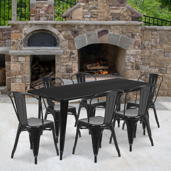 Commercial Grade 31.5" x 63" Rectangular Black Metal Indoor-Outdoor Table Set with 6 Stack Chairs