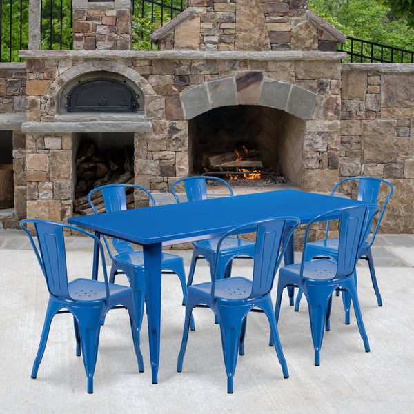 Commercial Grade 31.5" x 63" Rectangular Blue Metal Indoor-Outdoor Table Set with 6 Stack Chairs