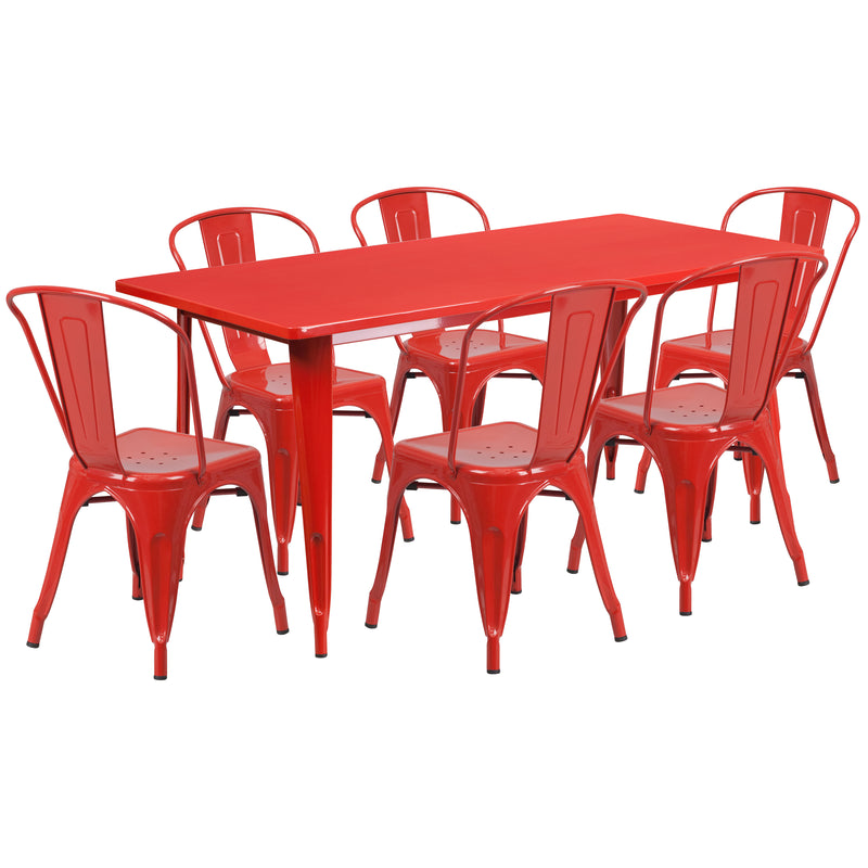 Commercial Grade 31.5" x 63" Rectangular Red Metal Indoor-Outdoor Table Set with 6 Stack Chairs