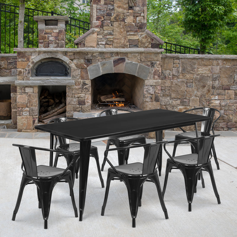 Commercial Grade 31.5" x 63" Rectangular Black Metal Indoor-Outdoor Table Set with 6 Arm Chairs