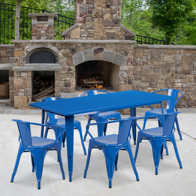 Commercial Grade 31.5" x 63" Rectangular Blue Metal Indoor-Outdoor Table Set with 6 Arm Chairs