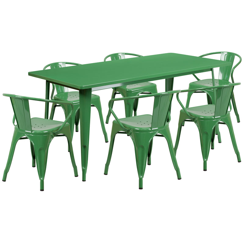 Commercial Grade 31.5" x 63" Rectangular Green Metal Indoor-Outdoor Table Set with 6 Arm Chairs
