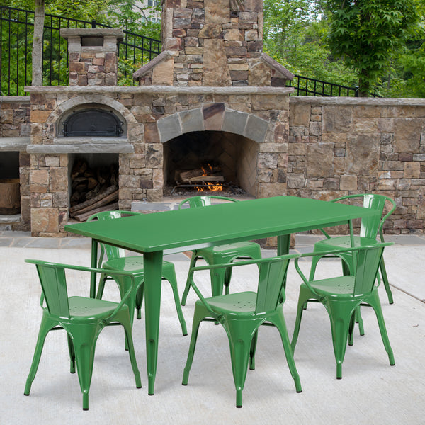 Commercial Grade 31.5" x 63" Rectangular Green Metal Indoor-Outdoor Table Set with 6 Arm Chairs