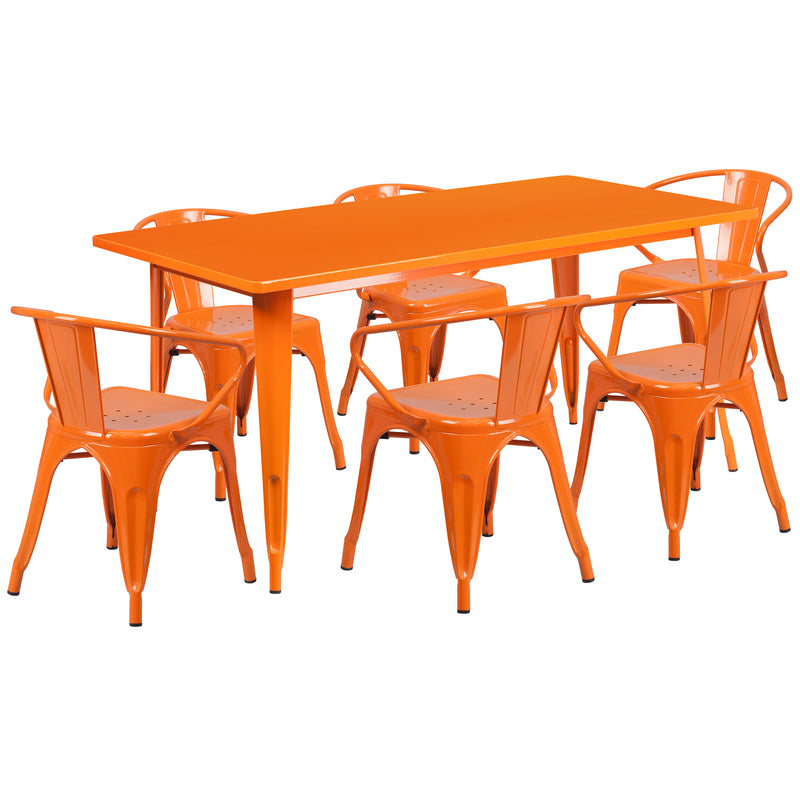 Commercial Grade 31.5" x 63" Rectangular Orange Metal Indoor-Outdoor Table Set with 6 Arm Chairs