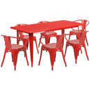 Commercial Grade 31.5" x 63" Rectangular Red Metal Indoor-Outdoor Table Set with 6 Arm Chairs