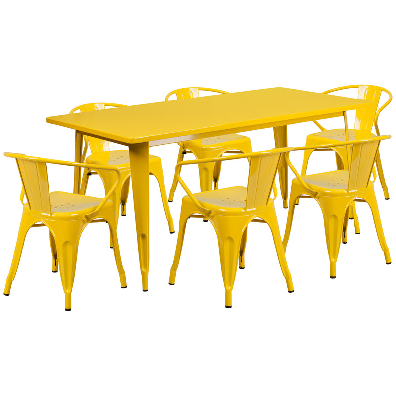 Commercial Grade 31.5" x 63" Rectangular Yellow Metal Indoor-Outdoor Table Set with 6 Arm Chairs