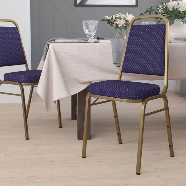 SINGLEWAVE Series Trapezoidal Back Stacking Banquet Chair in Navy Patterned Fabric - Gold Frame