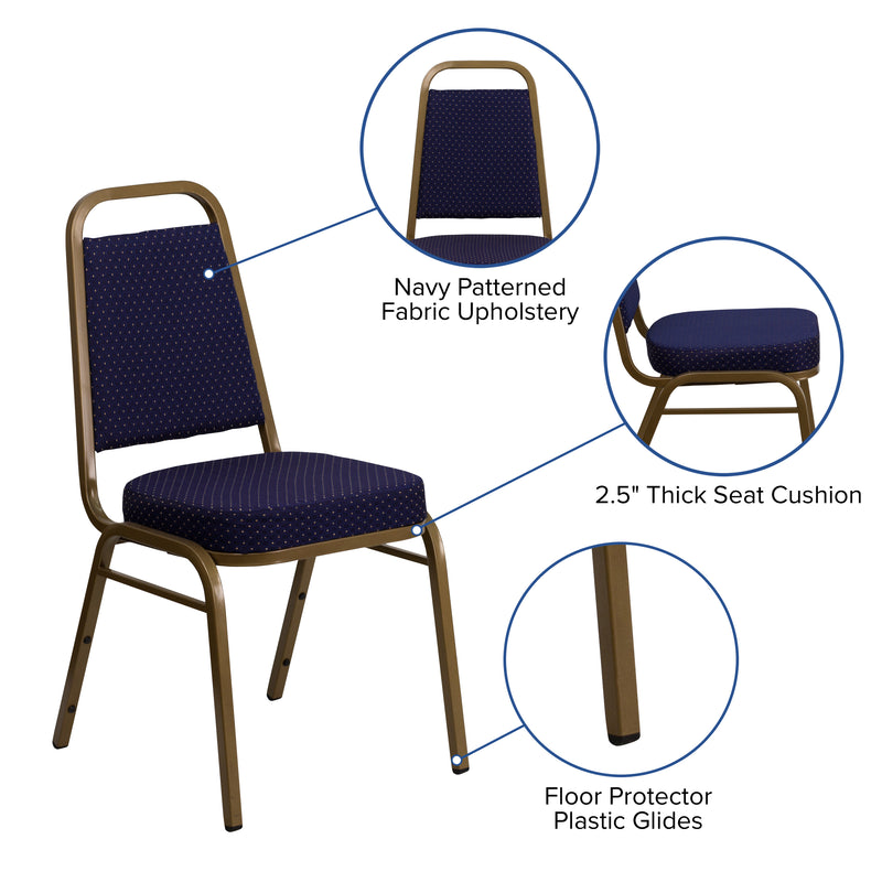 SINGLEWAVE Series Trapezoidal Back Stacking Banquet Chair in Navy Patterned Fabric - Gold Frame