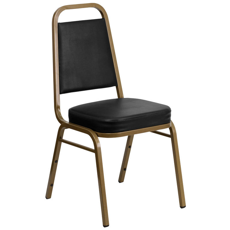 SINGLEWAVE Series Trapezoidal Back Stacking Banquet Chair in Black Vinyl - Gold Frame