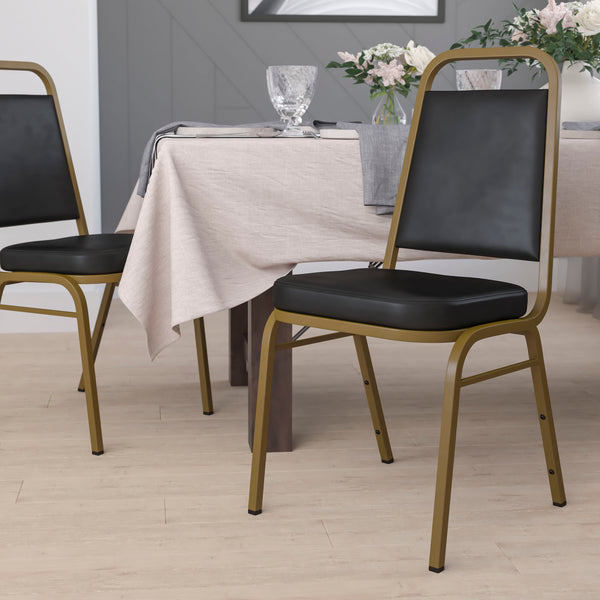 SINGLEWAVE Series Trapezoidal Back Stacking Banquet Chair in Black Vinyl - Gold Frame