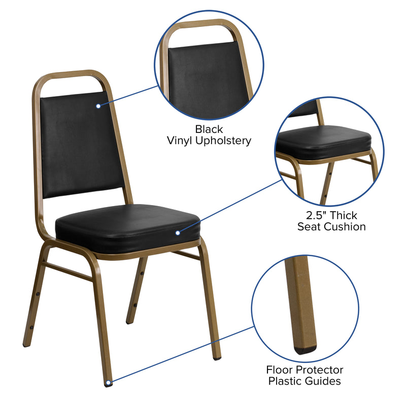 SINGLEWAVE Series Trapezoidal Back Stacking Banquet Chair in Black Vinyl - Gold Frame