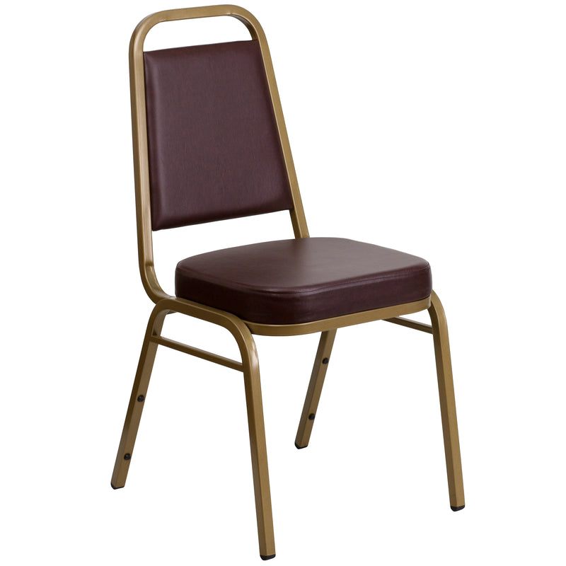 SINGLEWAVE Series Trapezoidal Back Stacking Banquet Chair in Brown Vinyl - Gold Frame