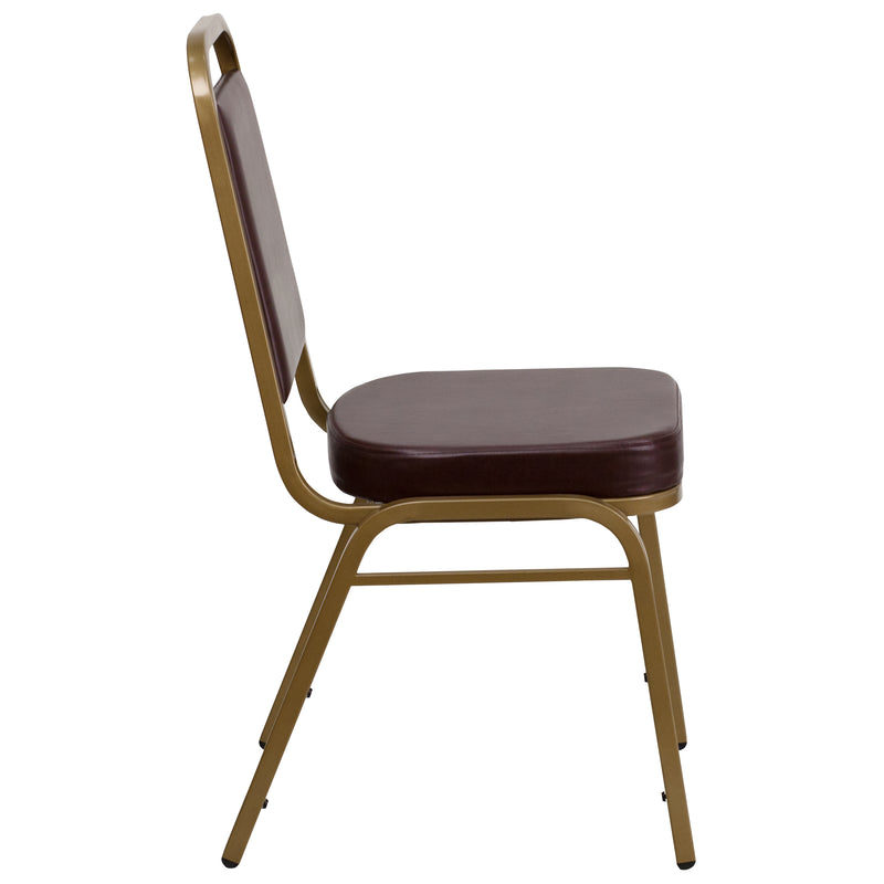 SINGLEWAVE Series Trapezoidal Back Stacking Banquet Chair in Brown Vinyl - Gold Frame