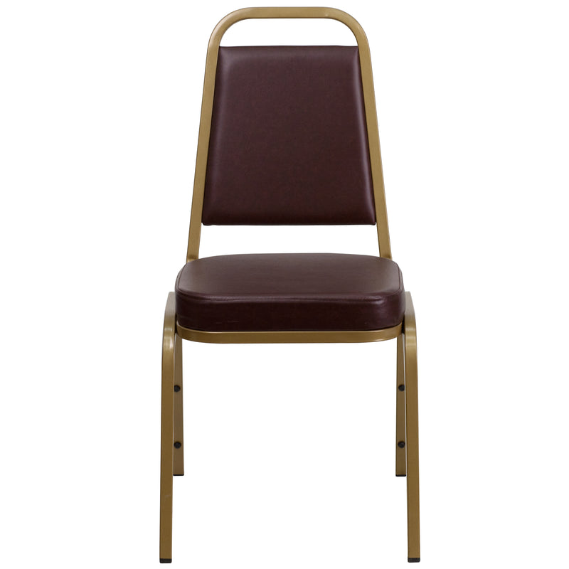 SINGLEWAVE Series Trapezoidal Back Stacking Banquet Chair in Brown Vinyl - Gold Frame