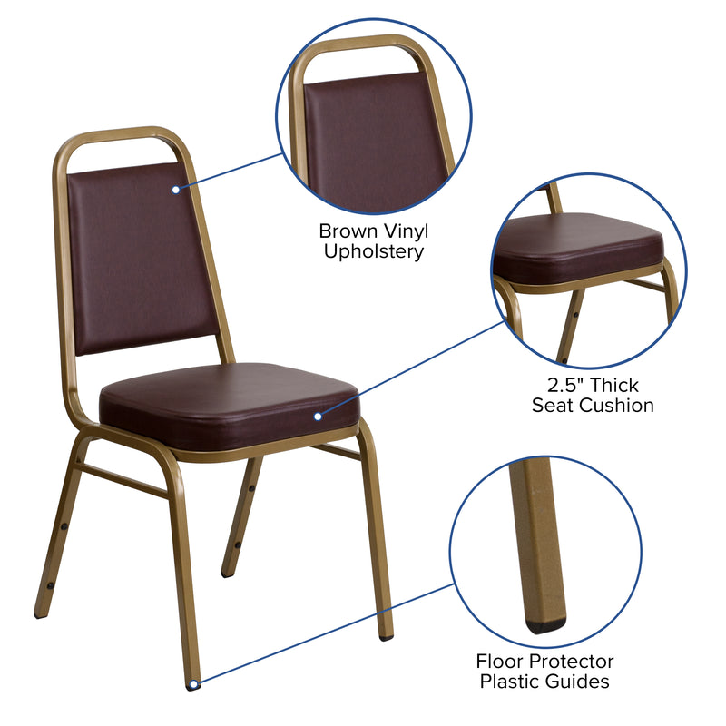 SINGLEWAVE Series Trapezoidal Back Stacking Banquet Chair in Brown Vinyl - Gold Frame