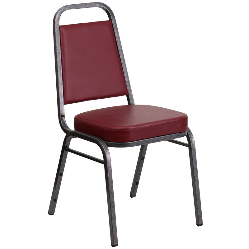 SINGLEWAVE Series Trapezoidal Back Stacking Banquet Chair in Burgundy Vinyl - Silver Vein Frame