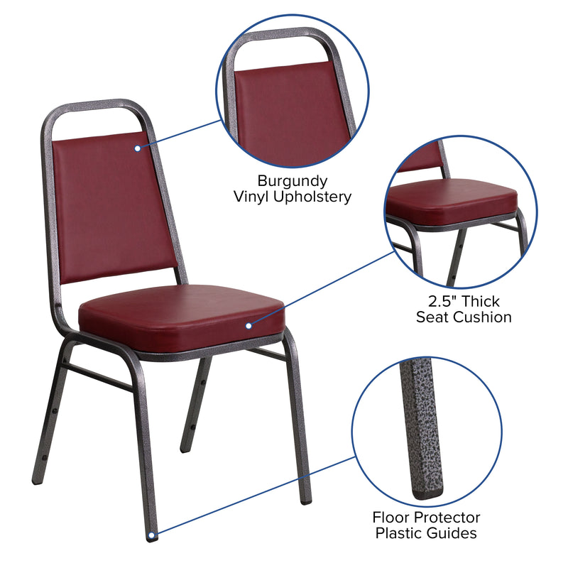 SINGLEWAVE Series Trapezoidal Back Stacking Banquet Chair in Burgundy Vinyl - Silver Vein Frame