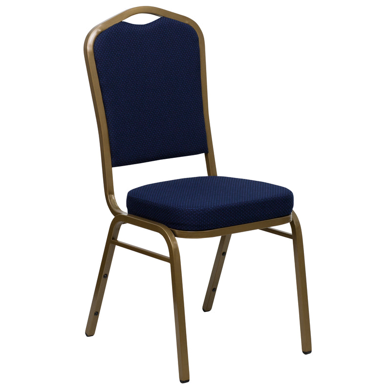 SINGLEWAVE Series Crown Back Stacking Banquet Chair in Navy Blue Patterned Fabric - Gold Frame