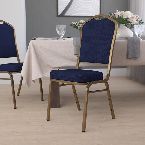 SINGLEWAVE Series Crown Back Stacking Banquet Chair in Navy Blue Patterned Fabric - Gold Frame