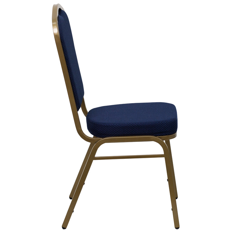 SINGLEWAVE Series Crown Back Stacking Banquet Chair in Navy Blue Patterned Fabric - Gold Frame