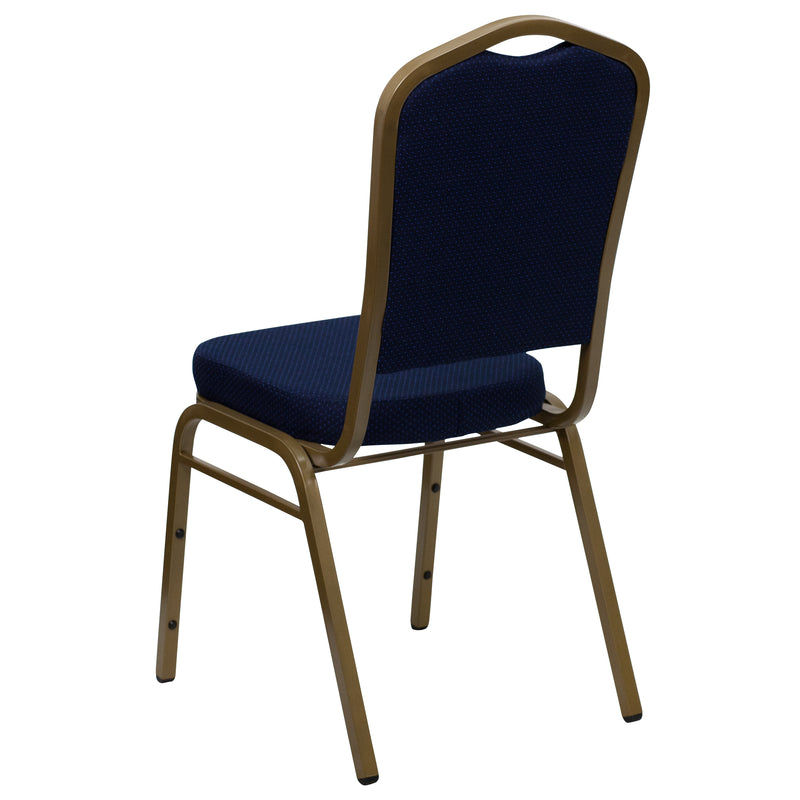 SINGLEWAVE Series Crown Back Stacking Banquet Chair in Navy Blue Patterned Fabric - Gold Frame